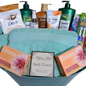 Luxury bath gift basket with cotton towel and bath essentials for College Dorms, Move ins or Mother's Day.