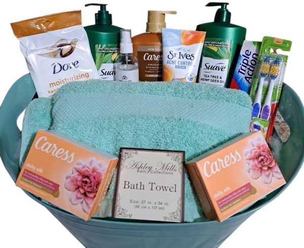 Luxury bath gift basket with cotton towel and bath essentials for College Dorms, Move ins or Mother's Day.