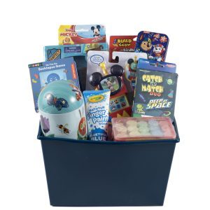Ohio Basket Chic Anytime gift basket for boys filled with toys coloring books and water bottle