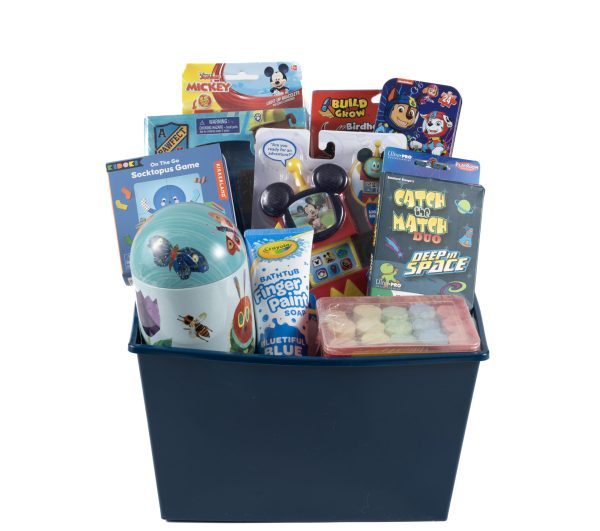 Ohio Basket Chic Anytime gift basket for boys filled with toys coloring books and water bottle