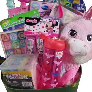 Ohio Basket Chic Anytime girls gift basket with toys including toys, activities, coloring book and plush
