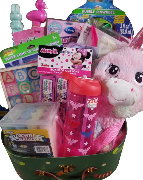 Ohio Basket Chic Anytime girls gift basket with toys including toys, activities, coloring book and plush