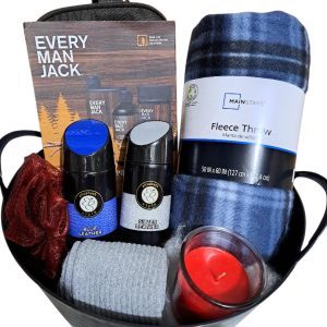 Men's Spa Gift Basket with Every Man Jack products and plaid fleece blanket.