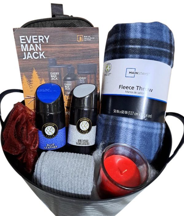 Men's Spa Gift Basket with Every Man Jack products and plaid fleece blanket.