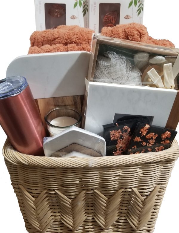 Luxury housewarming gift basket with fleece throw and cutting board