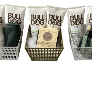 Small Men's Spa Gift Set featuring Bulldog skincare and grooming accessories in a metal basket.