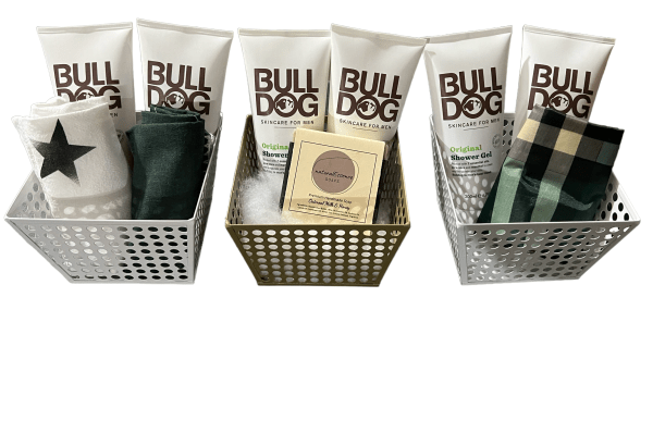 Small Men's Spa Gift Set featuring Bulldog skincare and grooming accessories in a metal basket.