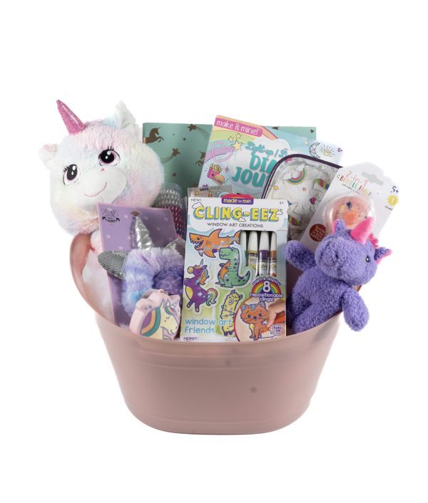 Unicorn gift basket for girls featuring a unicorn plush toy and colorful accessories.