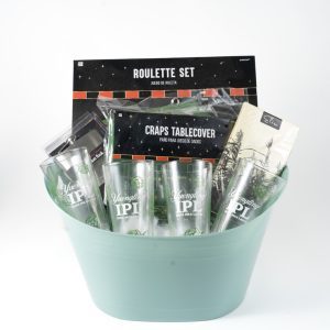 Adult gambling gift basket featuring roulette wheel craps set and beer glasses for game night.