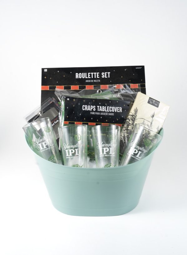 Adult gambling gift basket featuring roulette wheel craps set and beer glasses for game night.