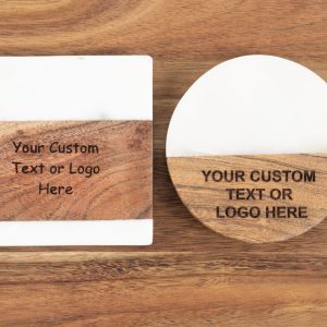 Bulk personalized wood and marble coasters with custom laser engraved company logo for corporate events.