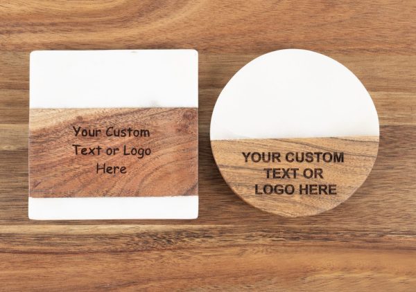 Bulk personalized wood and marble coasters with custom laser engraved company logo for corporate events.