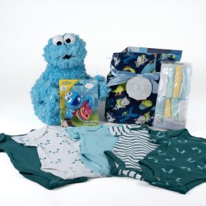 Deluxe new baby boy gift basket featuring Cookie Monster plush and Hanes onesies.