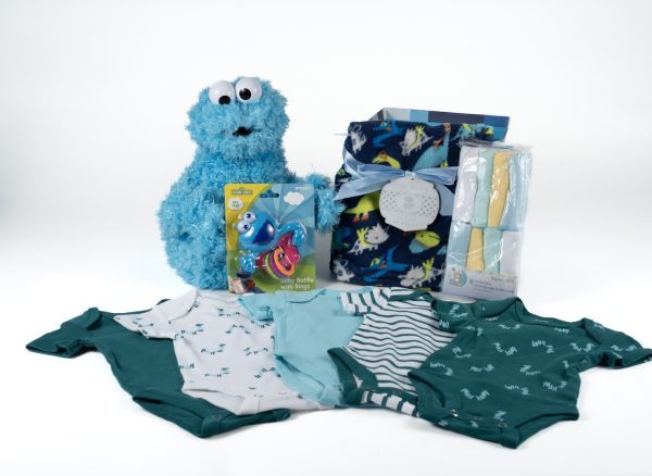 Deluxe new baby boy gift basket featuring Cookie Monster plush and Hanes onesies.