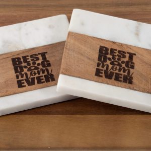 Best Dog Mom Ever laser engraved marble and acacia wood square coasters set for gift baskets.