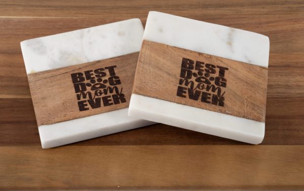 Best Dog Mom Ever laser engraved marble and acacia wood square coasters set for gift baskets.