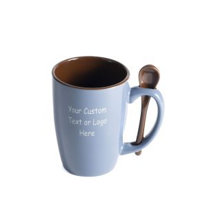 Personalized coffee mug gift blue and chocolate ceramic spooner mug with custom laser etching