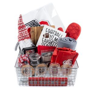 Custom Ohio State Buckeye gift basket from Ohio Basket Chic containing 4 etched Buckeye themed glasses and a Buckeye themed cutting board.