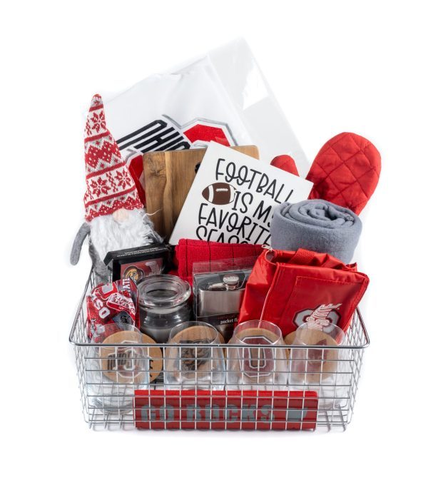 Custom Ohio State Buckeye gift basket from Ohio Basket Chic containing 4 etched Buckeye themed glasses and a Buckeye themed cutting board.