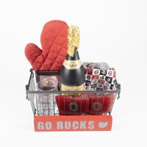 Personalized Ohio State Buckeye gift basket from Ohio Basket Chic featuring two custom laser engraved pint glasses and OSU themed sports decor.