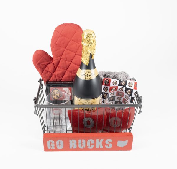 Personalized Ohio State Buckeye gift basket from Ohio Basket Chic featuring two custom laser engraved pint glasses and OSU themed sports decor.