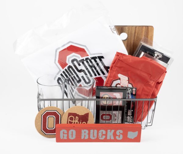 Ohio State Buckeye gift basket from Ohio Basket Chic featuring a custom-engraved wooden Buckeye themed cutting board and two laser-etched Ohio State pint glasses