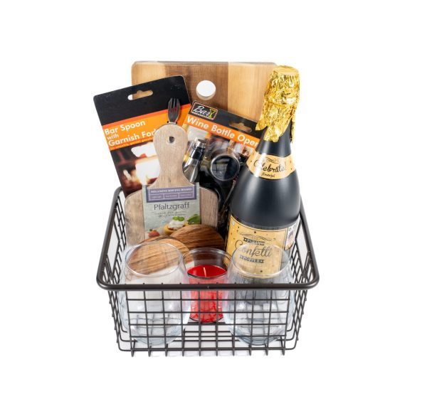 Personalized housewarming gift basket with two custom engraved wood coasters for a realtor closing gift.