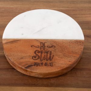 Ohio Basket Chic Be Still inspirational Christian drink coasters made of white marble and wood
