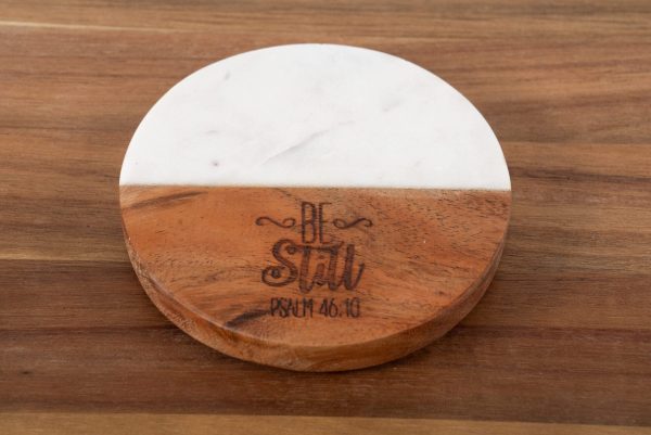 Ohio Basket Chic Be Still inspirational Christian drink coasters made of white marble and wood