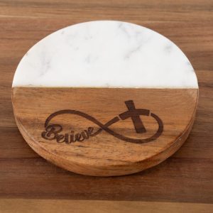 Ohio Basket Chic Christian marble wood coaster with engraved cross infinity design