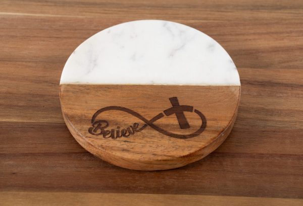 Ohio Basket Chic Christian marble wood coaster with engraved cross infinity design