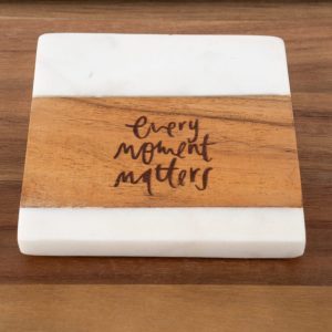 Inspirational Christian wood coasters with white marble and laser engraved text Every Moment Matters