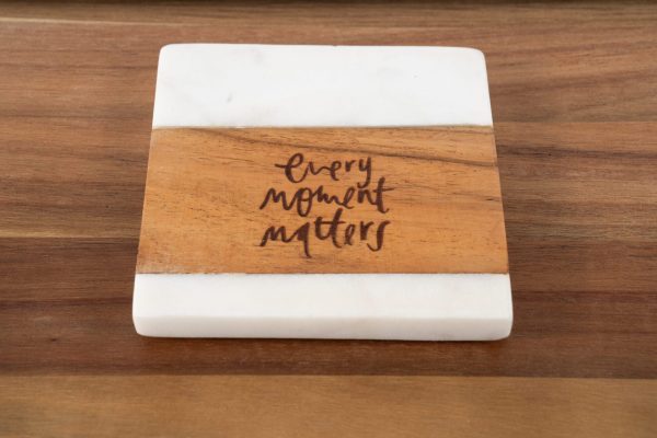 Inspirational Christian wood coasters with white marble and laser engraved text Every Moment Matters