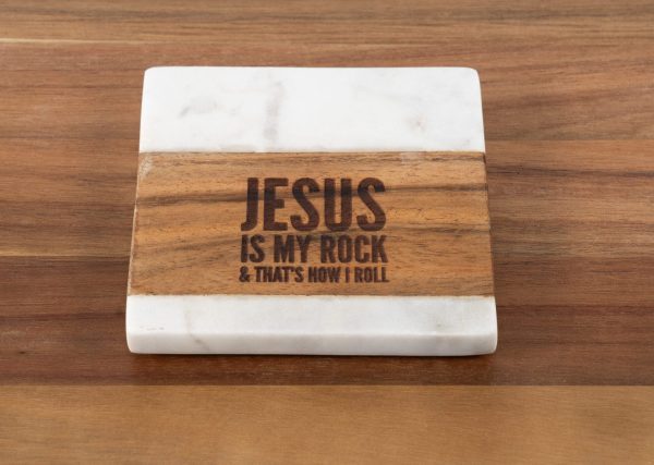 Ohio Basket Chic Christian wood and marble coasters laser engraved with Jesus is my rock scripture quote