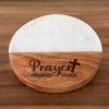 Inspirational christian drink coasters made of white marble and wood engraved with Prayer Changes Things.