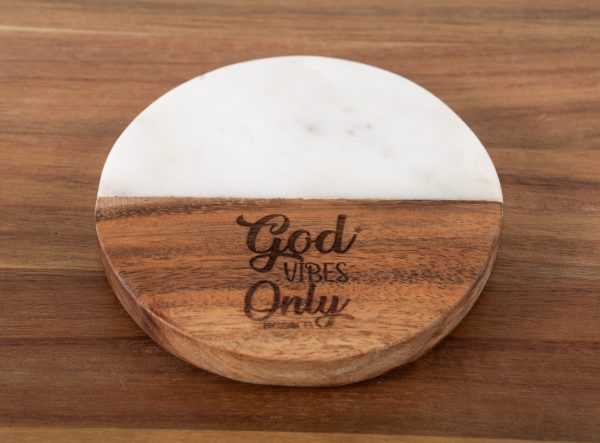 Ohio Basket Chic God Vibes Only round Christian wood and marble coaster