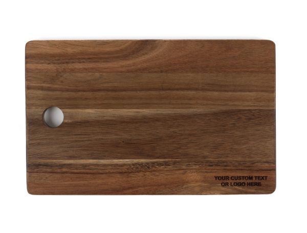 Personalized wood cutting board gift with custom laser engraved logo on Acacia wood.