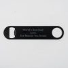 Personalized stainless steel dad bottle opener with World's Best Dad and custom laser etching on both sides.