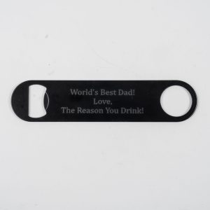 Personalized stainless steel dad bottle opener with World's Best Dad and custom laser etching on both sides.