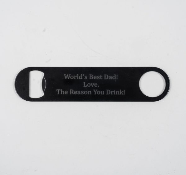 Personalized stainless steel dad bottle opener with World's Best Dad and custom laser etching on both sides.