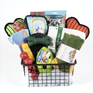 Pampered Pooch Dog Gift Basket with toys treats and pet blanket in wire basket