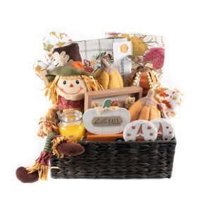 Large fall harvest gift basket with felt pumpkins, gnome, and autumn home decor