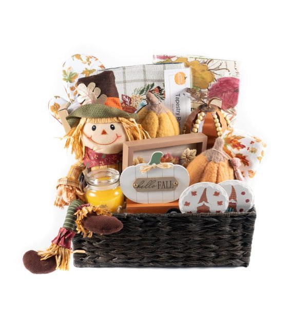 Large fall harvest gift basket with felt pumpkins, gnome, and autumn home decor