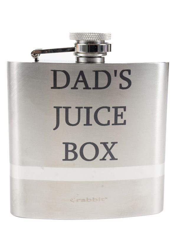 Laser engraved stainless steel hip flask with Dad’s Juice text for Father's Day gift.
