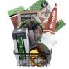 Football game day gift basket with gnome, flask, and scoreboard decor.