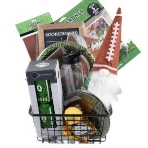 Football game day gift basket with gnome, flask, and scoreboard decor.