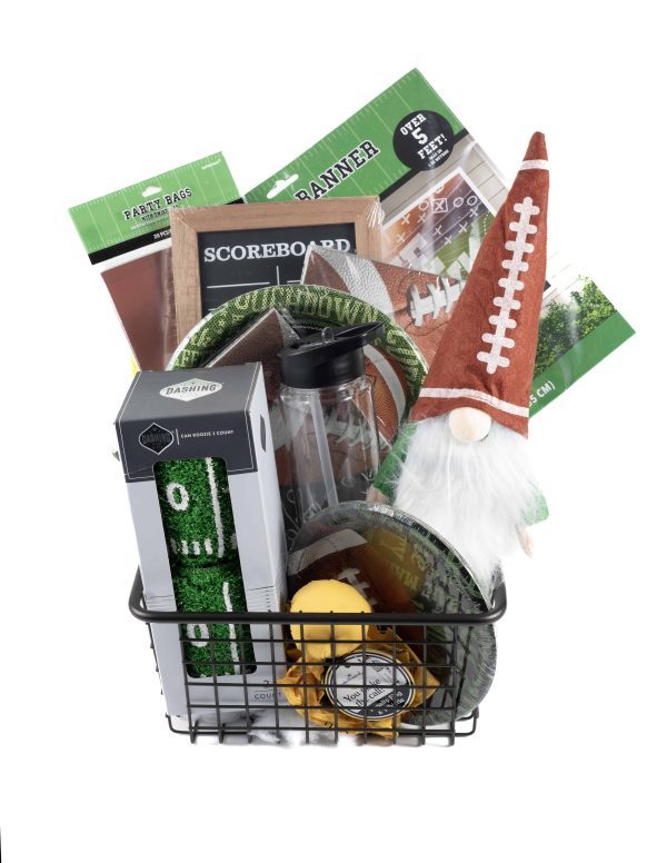 Football game day gift basket with gnome, flask, and scoreboard decor.