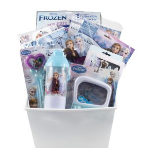 Disney Frozen gift basket for girls filled with Elsa and Anna toys and activities