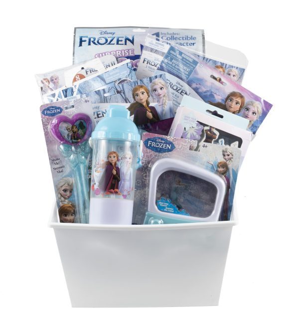 Disney Frozen gift basket for girls filled with Elsa and Anna toys and activities