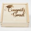 Laser engraved birch wood graduation gift card box with congratulations grad text